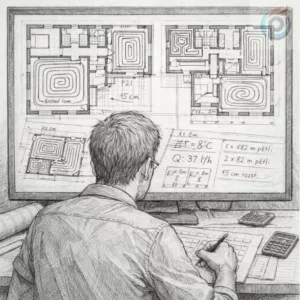 Projektant instalacji analizujący pętle grzewcze na rzutach budynku – pętla grzewcza jako serce wodnego ogrzewania podłogowego w fazie projektowej