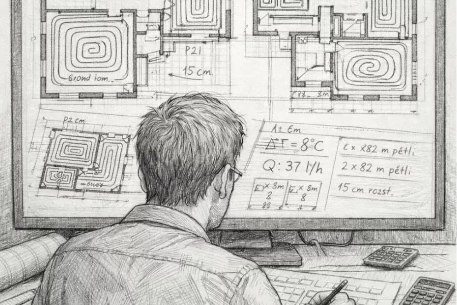 Projektant instalacji analizujący pętle grzewcze na rzutach budynku – pętla grzewcza jako serce wodnego ogrzewania podłogowego w fazie projektowej