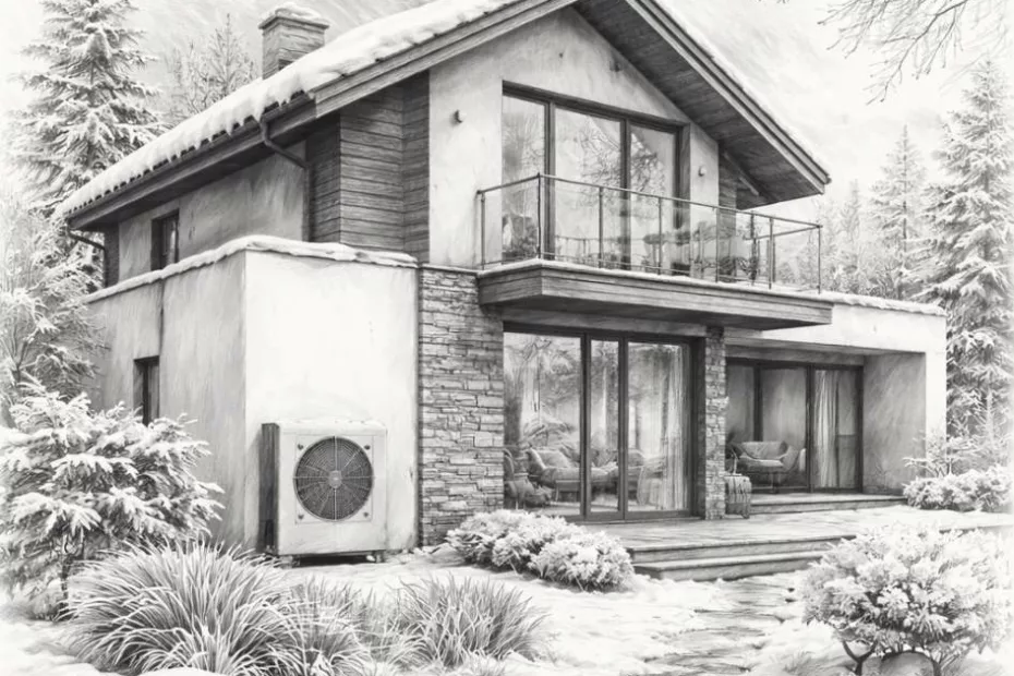 Pompa ciepła zamontowana na elewacji nowoczesnego domu jednorodzinnego, widok zewnętrzny zimą, schematyczna wizualizacja instalacji grzewczej