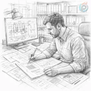 Rozstaw rur w wodnym ogrzewaniu podłogowym – inżynier analizujący dokumentację techniczną instalacji grzewczej w biurze projektowym