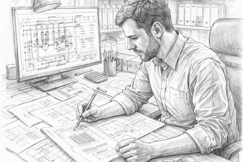 Rozstaw rur w wodnym ogrzewaniu podłogowym – inżynier analizujący dokumentację techniczną instalacji grzewczej w biurze projektowym