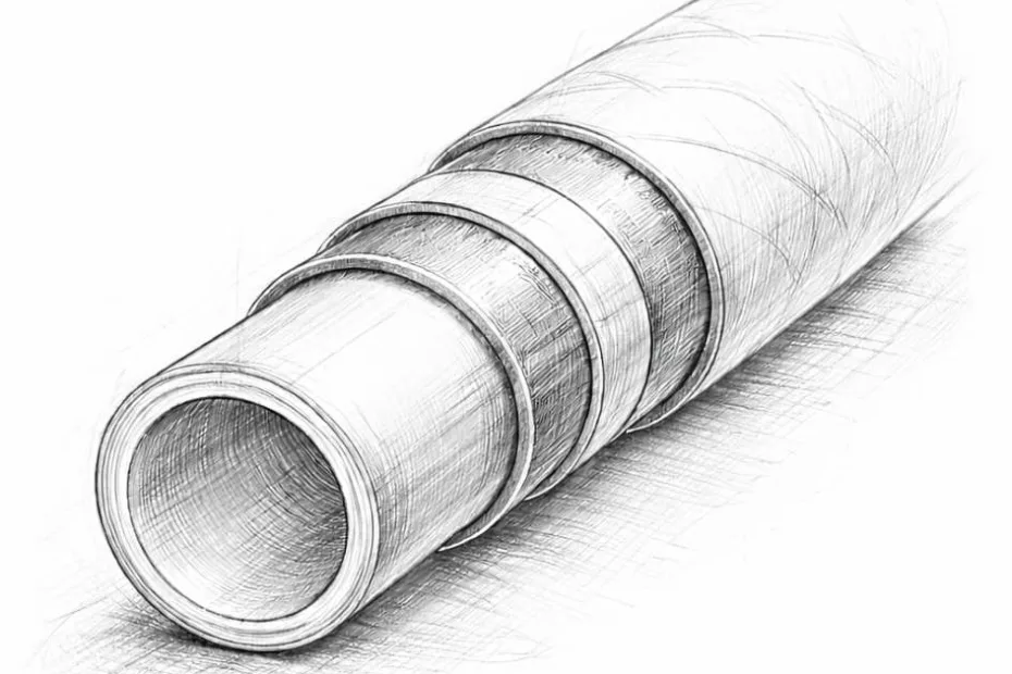 Rura z barierą antydyfuzyjną (EVOH) – trójwymiarowy szkic ołówkiem przedstawiający wielowarstwową budowę rury do ogrzewania podłogowego