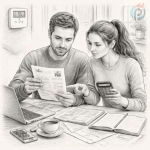 Kobieta i mężczyzna analizują rachunki za ogrzewanie podłogowe, pokazując rzeczywiste oszczędności na kosztach ogrzewania w skali roku w domu 150 m².