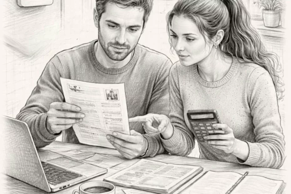 Kobieta i mężczyzna analizują rachunki za ogrzewanie podłogowe, pokazując rzeczywiste oszczędności na kosztach ogrzewania w skali roku w domu 150 m².