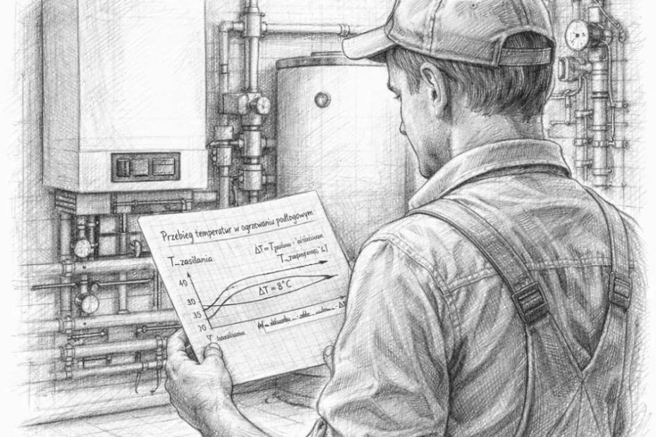 Instalator analizujący spadek temperatury (ΔT) w instalacji ogrzewania podłogowego, trzymający kartkę z wykresem temperatur na tle nowoczesnej kotłowni.