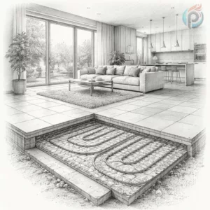 Strefa brzegowa (obwodowa) w ogrzewaniu podłogowym – przekrój podłogi pod dużym oknem tarasowym z widocznymi rurami ogrzewania podłogowego w nowoczesnym wnętrzu domu.