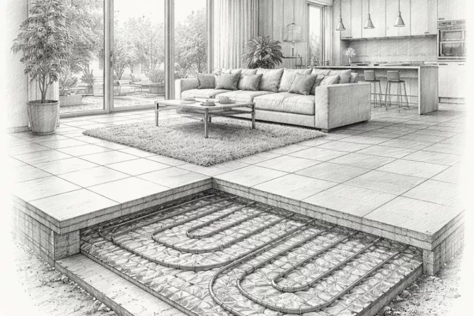 Strefa brzegowa (obwodowa) w ogrzewaniu podłogowym – przekrój podłogi pod dużym oknem tarasowym z widocznymi rurami ogrzewania podłogowego w nowoczesnym wnętrzu domu.