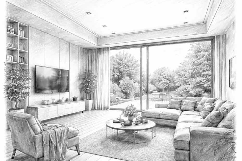 Ultraszczegółowy szkic nowoczesnego salonu z dużym oknem balkonowym, pokazujący rozkład wnętrza w kontekście strefy brzegowej w ogrzewaniu podłogowym przy przeszklonej ścianie zewnętrznej.