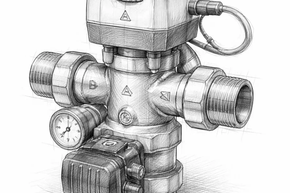 Zawór mieszający w ogrzewaniu podłogowym – trójwymiarowy szkic techniczny przedstawiający budowę zaworu trójdrogowego z siłownikiem i przyłączami hydraulicznymi