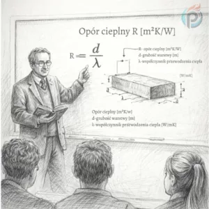 Profesor tłumaczy Opór cieplny R [m²K/W] – klucz do efektywnego ogrzewania podłogowego, pokazując wzór R = d / λ i zależność grubości warstw od przewodzenia ciepła
