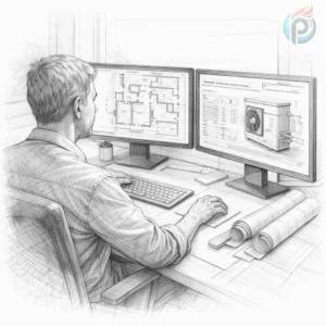 Projektant instalacji grzewczej przy biurku komputerowym analizuje projekt ogrzewania podłogowego z pompą ciepła, na monitorach widoczny rzut budynku oraz schemat instalacji podłogówki – szczegółowy szkic techniczny