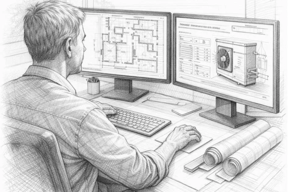 Projektant instalacji grzewczej przy biurku komputerowym analizuje projekt ogrzewania podłogowego z pompą ciepła, na monitorach widoczny rzut budynku oraz schemat instalacji podłogówki – szczegółowy szkic techniczny