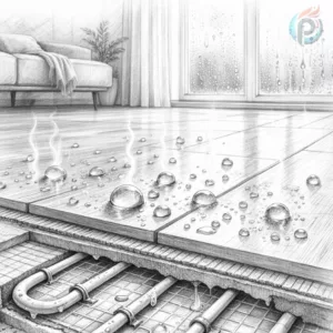 Punkt rosy w ogrzewaniu podłogowym – krople kondensacji na chłodzonej podłodze w domu, realistyczny szkic ołówkiem 3D.
