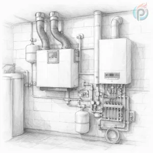 Rekuperacja i ogrzewanie podłogowe – czy to się opłaca: szkic kotłowni z rekuperatorem i kotłem gazowym w nowoczesnym domu energooszczędnym