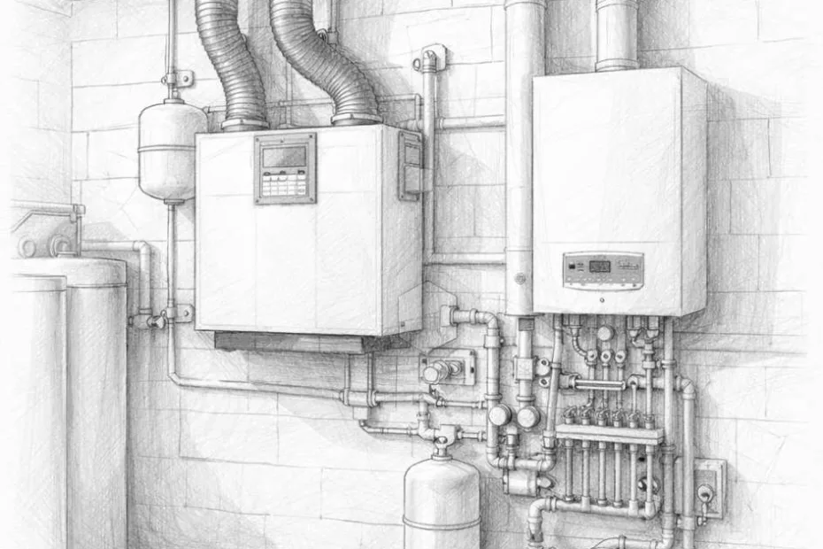 Rekuperacja i ogrzewanie podłogowe – czy to się opłaca: szkic kotłowni z rekuperatorem i kotłem gazowym w nowoczesnym domu energooszczędnym