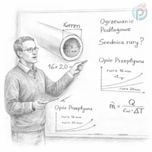 Wykładowca tłumaczy średnice rur w ogrzewaniu podłogowym na tablicy technicznej, pokazując przekrój rury 16x2,0 mm oraz zależność między średnicą rury, przepływem i oporem hydraulicznym.