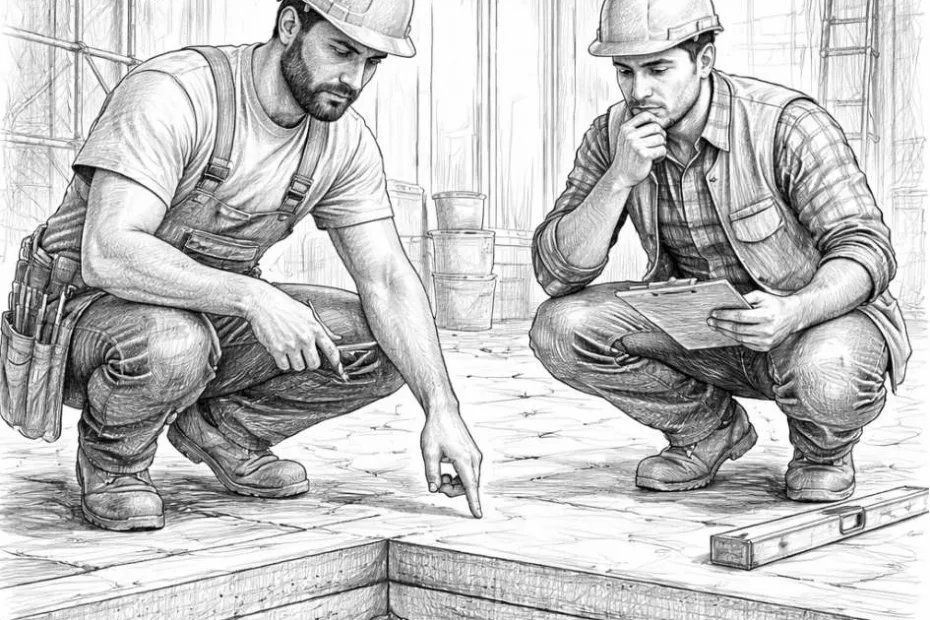 Dwóch robotników budowlanych w nowoczesnym domu analizuje grubość wylewki betonowej na ogrzewanie podłogowe, wskazując przekrój posadzki z instalacją grzewczą.