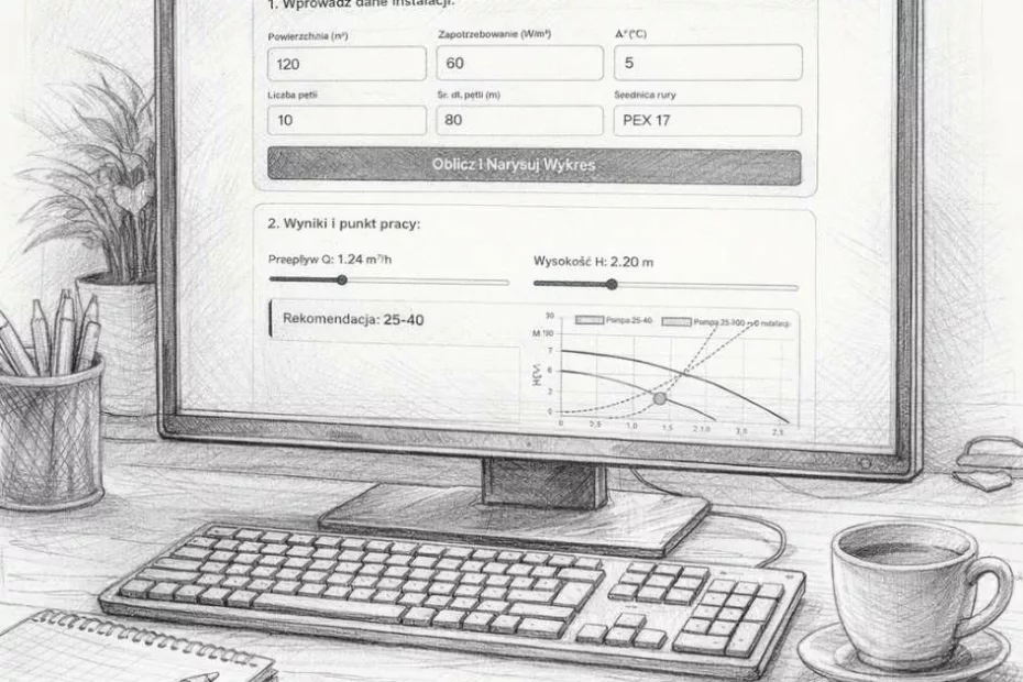 Kalkulator doboru pompy obiegowej w ogrzewaniu podłogowym wyświetlony na monitorze komputera stojącego na biurku – szkic ołówkiem przedstawiający narzędzie do obliczania przepływu i wysokości podnoszenia pompy.