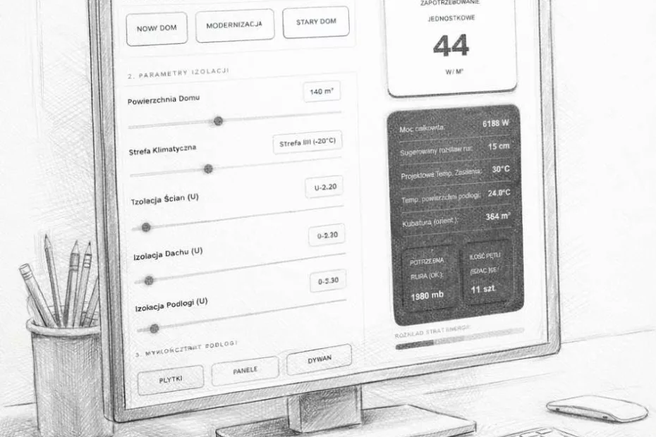 Kalkulator strat ciepła budynku – wizualizacja narzędzia do obliczania zapotrzebowania na ogrzewanie i projektowania ogrzewania podłogowego