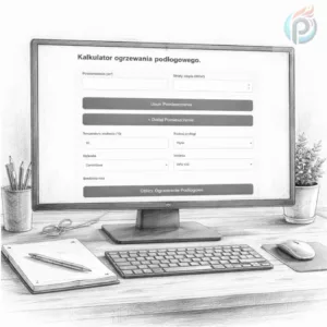 Kalkulator ogrzewania podłogowego wyświetlony na klasycznym monitorze desktop w formie szczegółowego szkicu ołówkiem