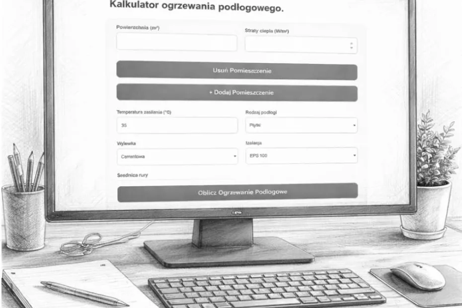 Kalkulator ogrzewania podłogowego wyświetlony na klasycznym monitorze desktop w formie szczegółowego szkicu ołówkiem