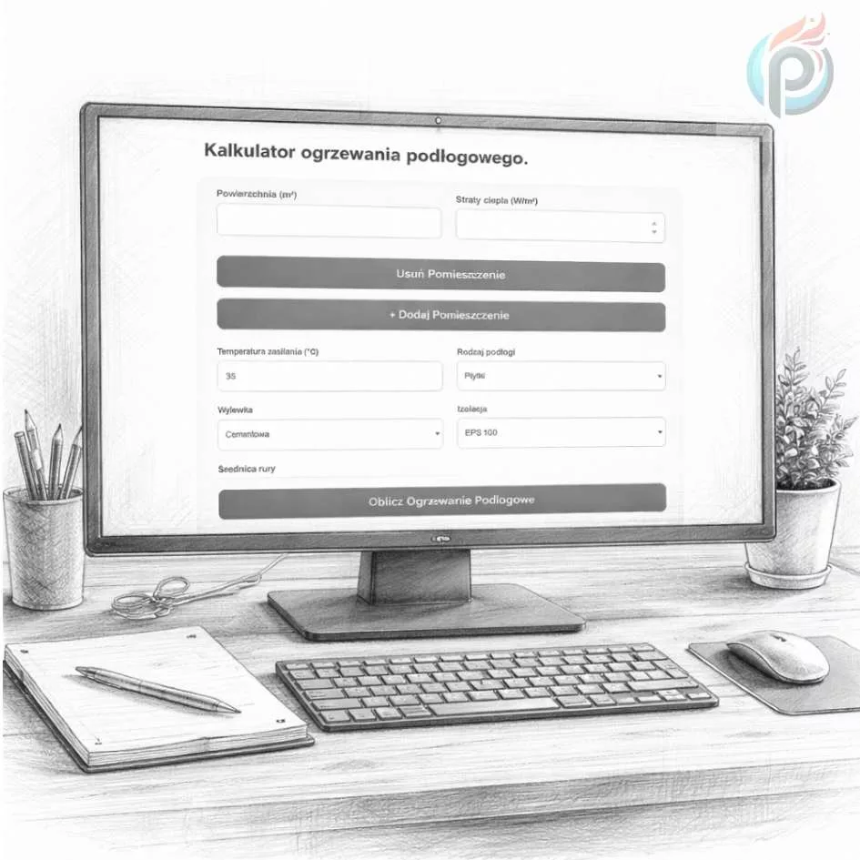 Kalkulator ogrzewania podłogowego wyświetlony na klasycznym monitorze desktop w formie szczegółowego szkicu ołówkiem
