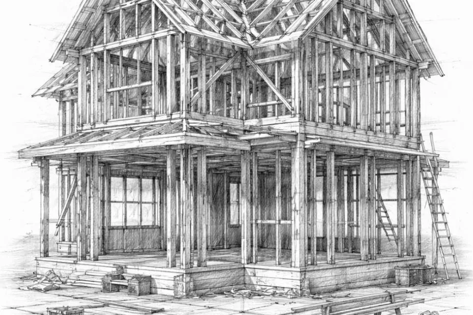 Szczegółowy szkic ołówkiem przedstawiający surowy stan drewnianej konstrukcji szkieletowej dwupiętrowego domu.
