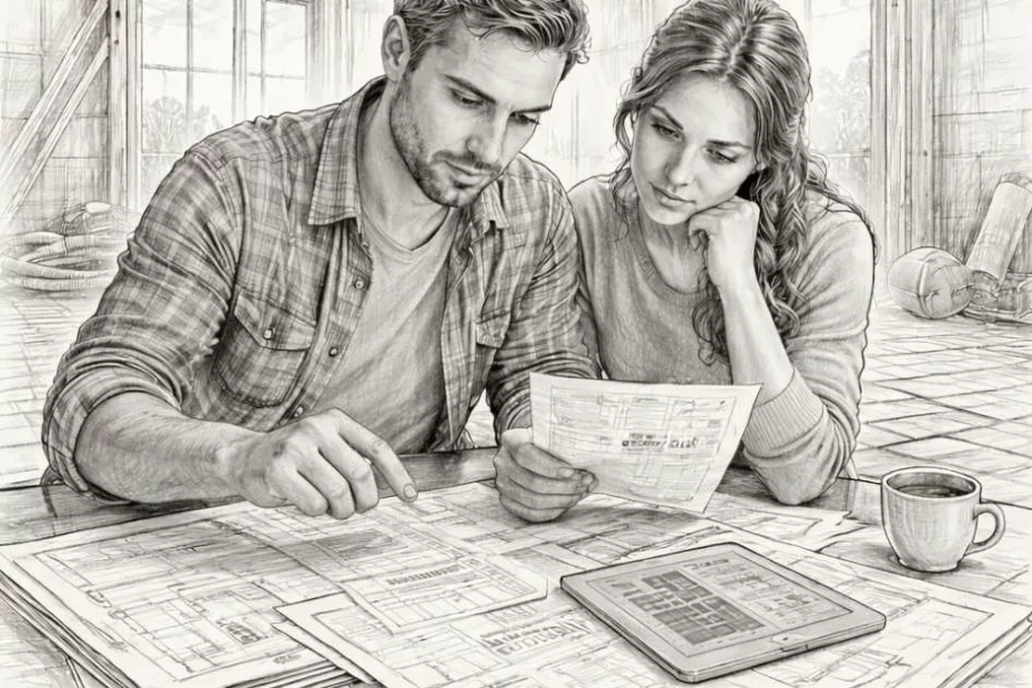Para analizuje rachunki i projekty instalacji w budowanym domu jednorodzinnym, planując koszty ogrzewania i zwrot z inwestycji w ogrzewanie podłogowe
