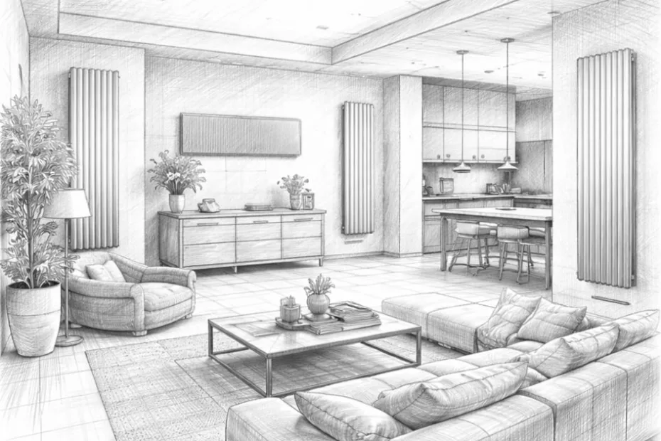 Szkic wnętrza nowoczesnego salonu z aneksem kuchennym, w którym zamontowano instalację mieszaną, odpowiadający na pytanie czy ogrzewanie podłogowe można podłączyć do grzejników.