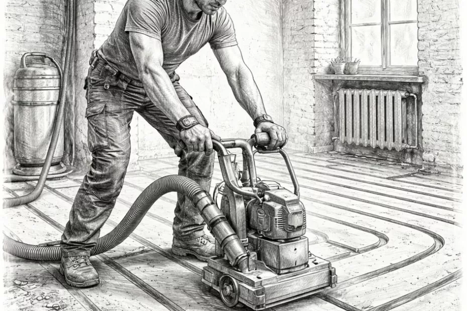 Fachowiec wykonujący frezowanie ogrzewania podłogowego w starym domu przy użyciu frezarki z odkurzaczem przemysłowym.