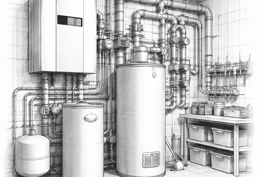 Techniczny szkic maszynowni z pompą ciepła i instalacją hydrauliczną, ilustrujący system, w którym niska temperatura zasilania pompy ciepła – dlaczego 35 stopni to ideał dla podłogówki jest kluczowym parametrem wydajności.