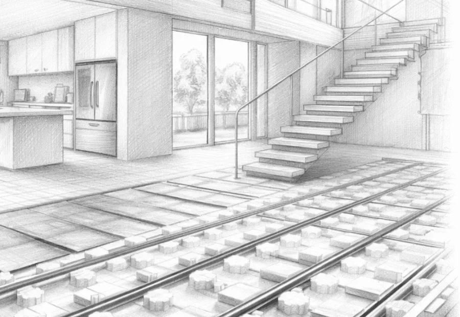 Schemat pokazujący jak wygląda ogrzewanie podłogowe wodne bez wylewki. Widoczne rury ułożone w systemie płyt ze styropianu EPS przed położeniem paneli lub płytek.