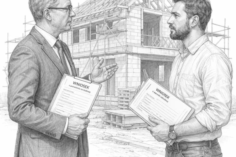 Dwóch mężczyzn, inwestor i ekspert, analizujących wnioski i dokumentację na tle budowanego domu. Właściwy projekt ogrzewania podłogowego a dotacje Czyste Powietrze i Moje Ciepło 2026.