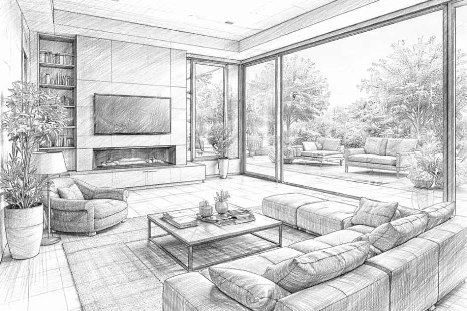 Szkic nowoczesnego salonu z oknami tarasowymi. Profesjonalny projekt ogrzewania podłogowego do domu z dużymi przeszkleniami wymaga w takich wnętrzach zastosowania strefy brzegowej.