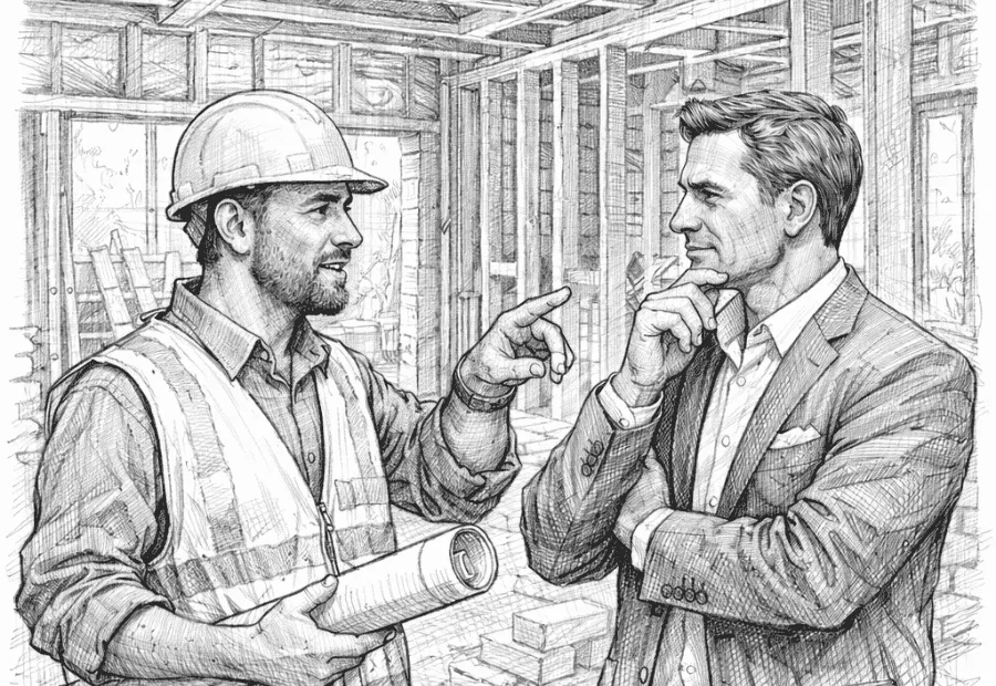 Szkic ołówkiem przedstawiający fachowca w kasku trzymającego projekt oraz inwestora podczas konsultacji na budowie domu.