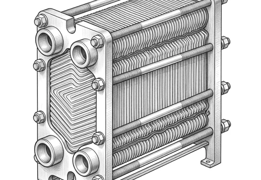 Ultraszczegółowy szkic techniczny przedstawiający wymiennik płytowy w ogrzewaniu podłogowym, ukazujący pakiet stalowych płyt grzewczych oraz króćce przyłączeniowe na czystym białym tle.