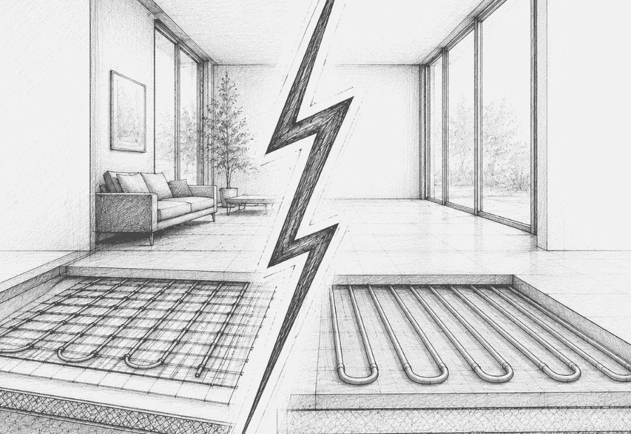 Ogrzewanie elektryczne vs wodna podłogówka – techniczny szkic architektoniczny przedstawiający porównanie dwóch systemów grzewczych w przekroju podłogi. Po lewej stronie widoczne są elektryczne maty i kable grzejne, po prawej wodne ogrzewanie podłogowe z pętlami grzewczymi. Kompozycję dzieli centralna błyskawica symbolizująca wybór technologii ogrzewania. Monochromatyczny rysunek wykonany w stylu profesjonalnego blueprintu technicznego.