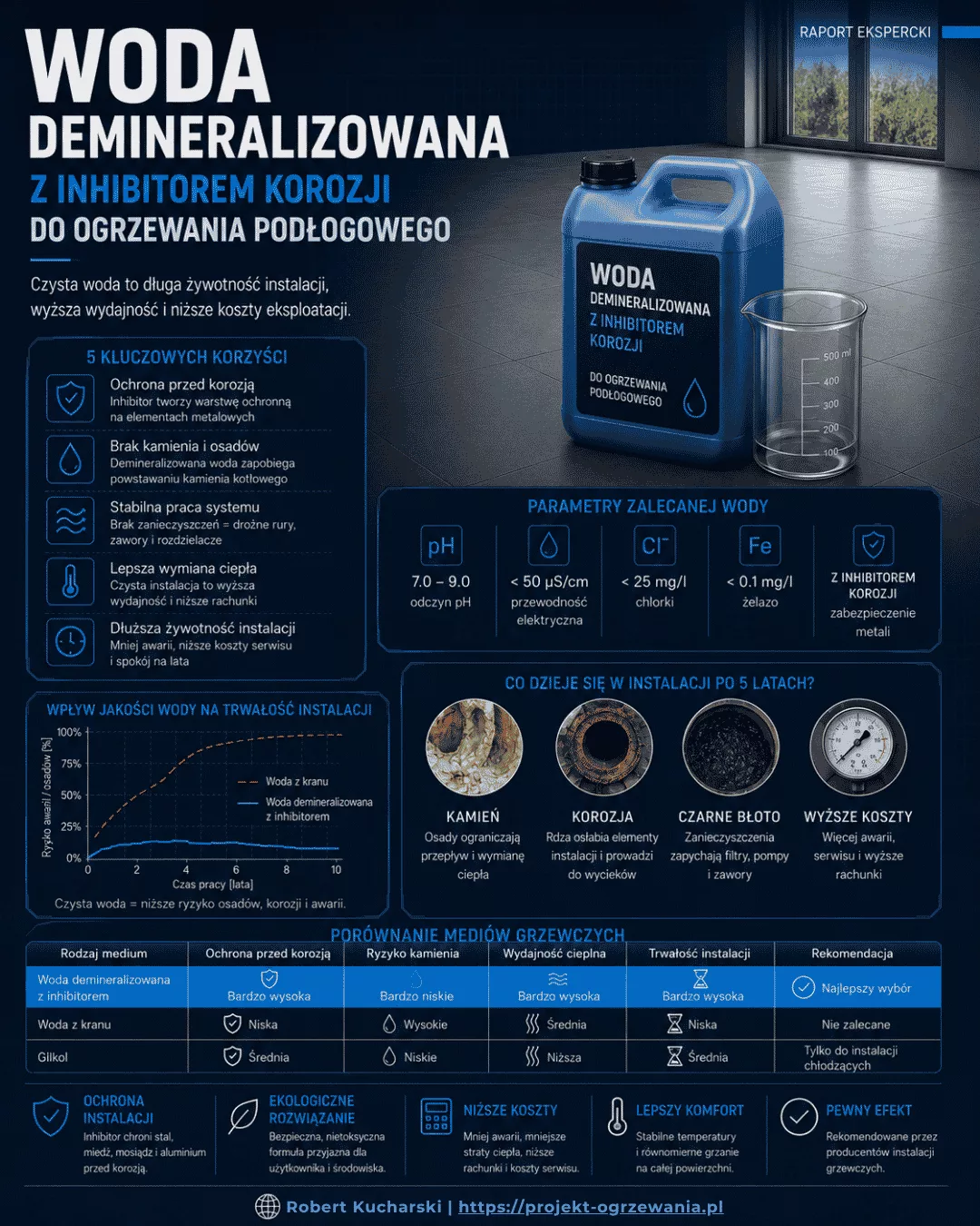 Infografika - Parametry wody do ogrzewania podłogowego i wpływ na żywotność instalacji