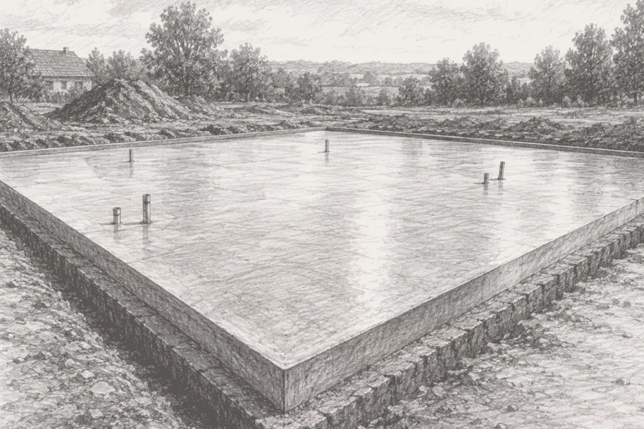 Ogrzewanie podłogowe w płycie fundamentowej – szkic przedstawiający gotową płytę fundamentową przygotowaną pod energooszczędny dom z ogrzewaniem podłogowym.