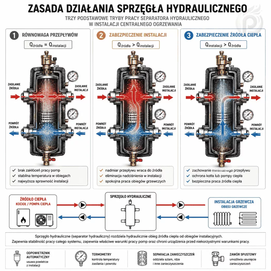 Infografika: Zasada działania sprzęgła hydraulicznego, trzy tryby pracy, zabezpieczenie instalacji i źródła ciepła
